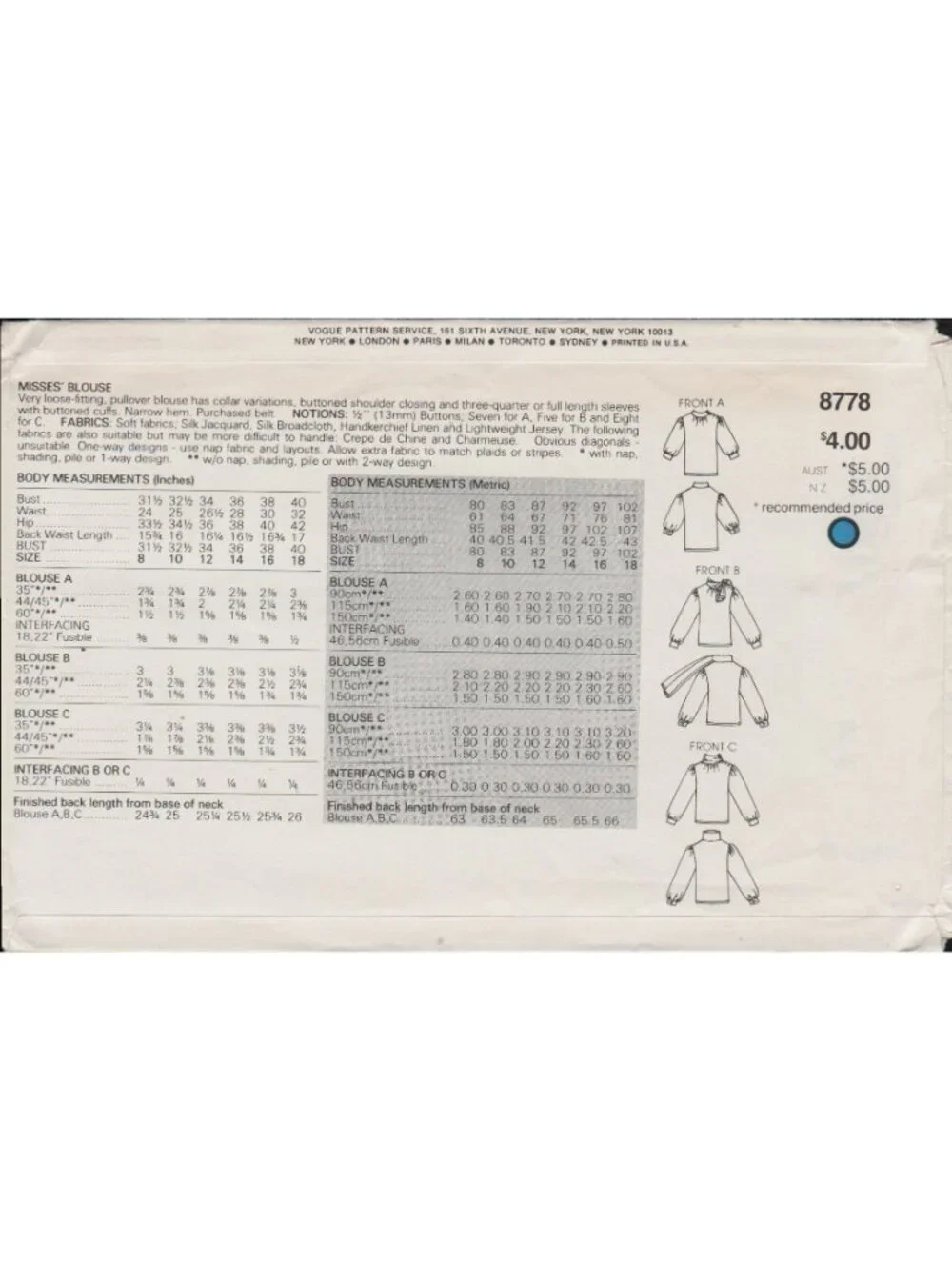 Very Easy Vogue 8778 High Neck Blouse Optional Bow Pattern 1980s Sz 14-18 Uncut